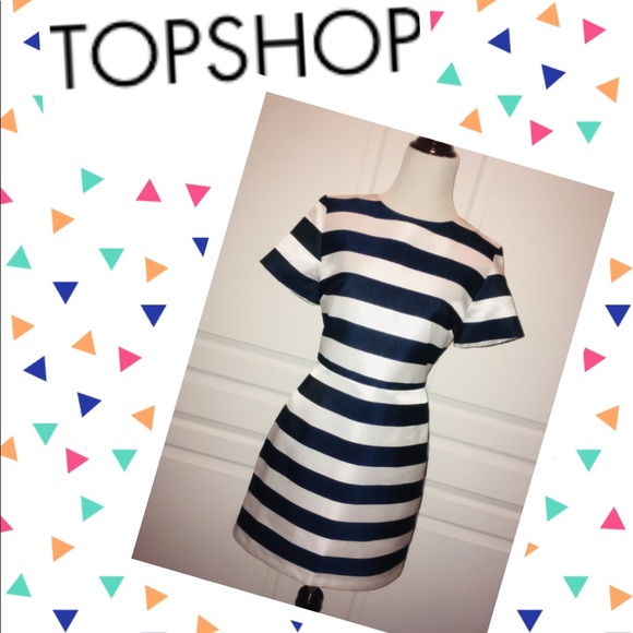 TOPSHOP Navy Blue White Stripe Dress 10👗🌸 - Picture 1 of 7